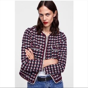 Zara Red Navy Tweed Cropped Blazer